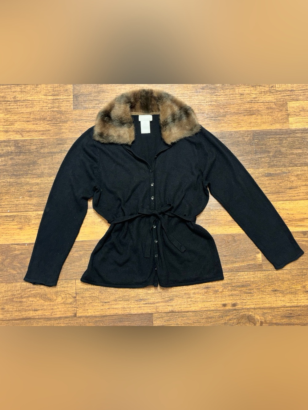 Designers Originals Black Cardigan with Brown Faux Fur Collar